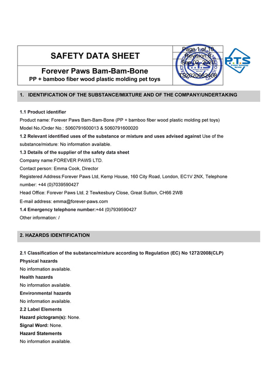 SAFETY DATA SHEET: Forever Paws Bam-Bam-Bone, Page 1