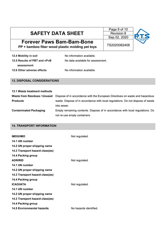 SAFETY DATA SHEET: Forever Paws Bam-Bam-Bone, Page 8